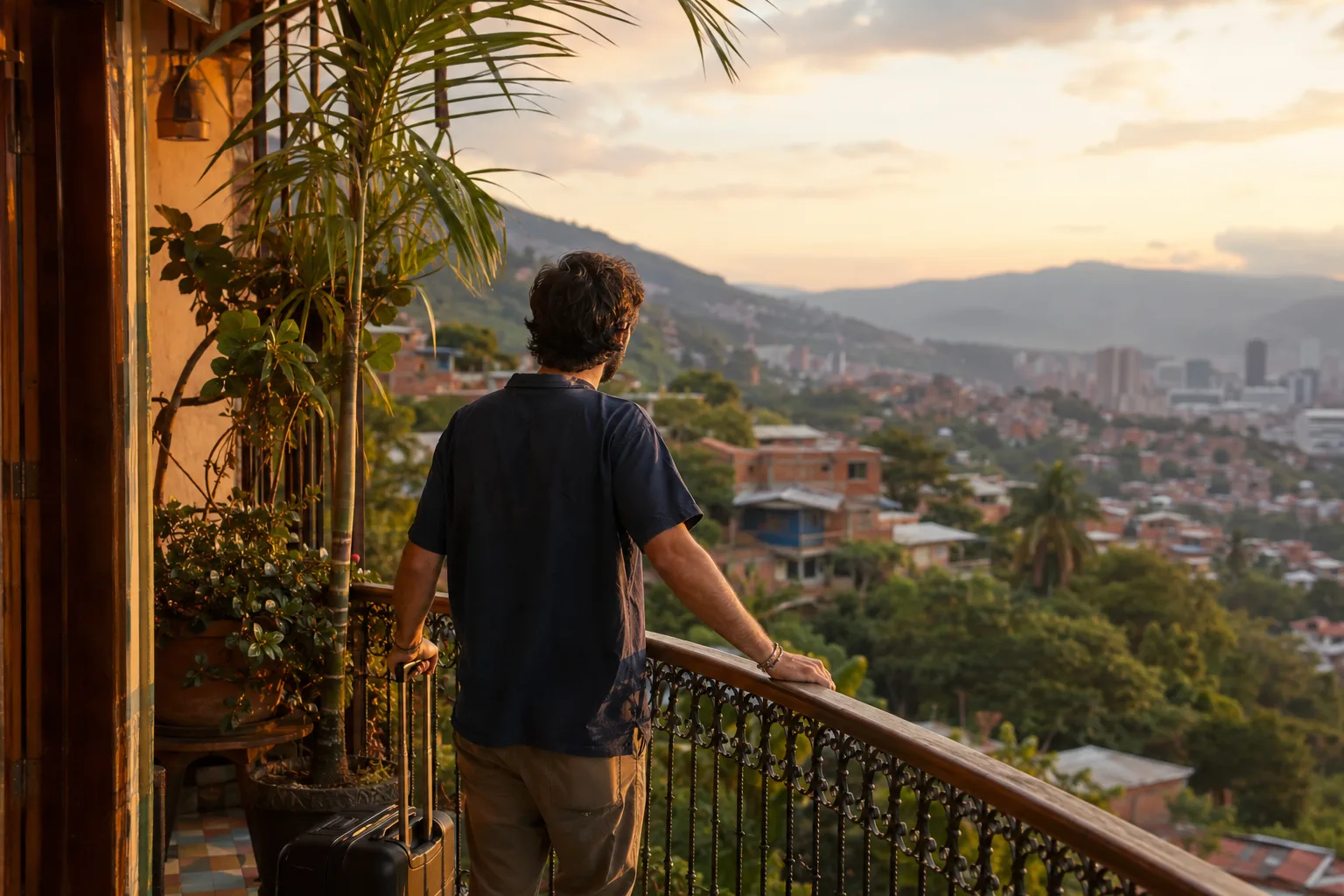 Traveler with a suitcase on a Medellín balcony at golden hour, overlooking the green hillsides and city below