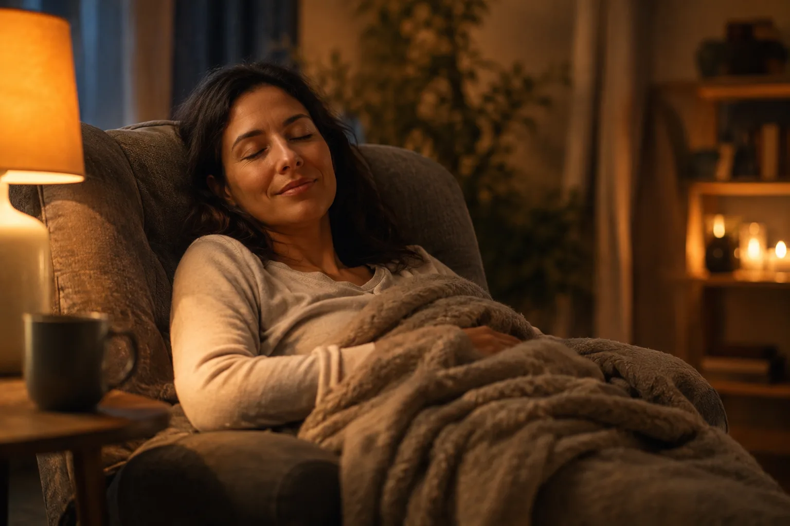Person resting peacefully under a warm blanket in soft amber lamplight — the calm that sedation dentistry makes possible